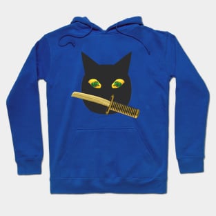 Halloween Ninja Cat. Black Cat with Jack o Lantern Eyes and Sword. (Orange Background) Hoodie